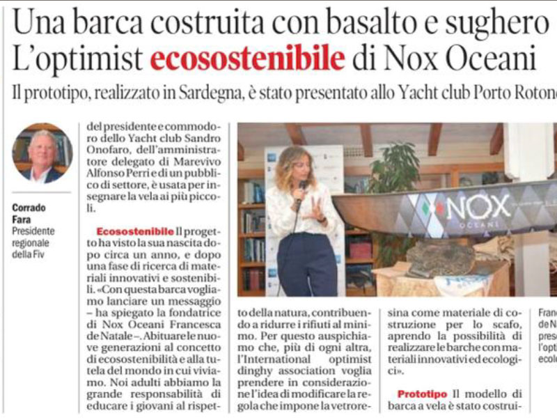 La Nuova Sardegna, articolo sul Optimist ecosostenibile